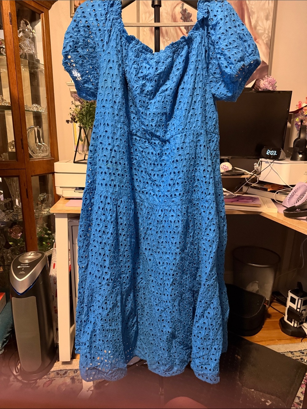 Avenue Blue Eyelet Puff Sleeve Midi Dress